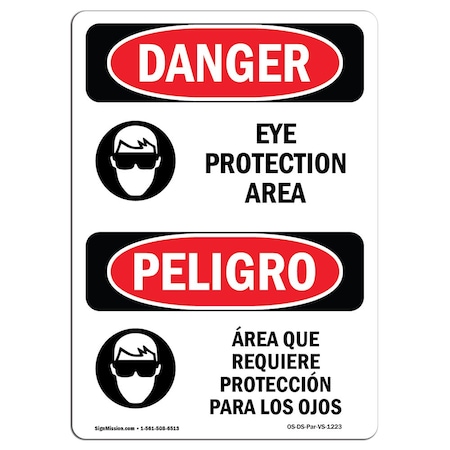 OSHA Danger Sign, Eye Protection Area Bilingual, 24in X 18in Aluminum
